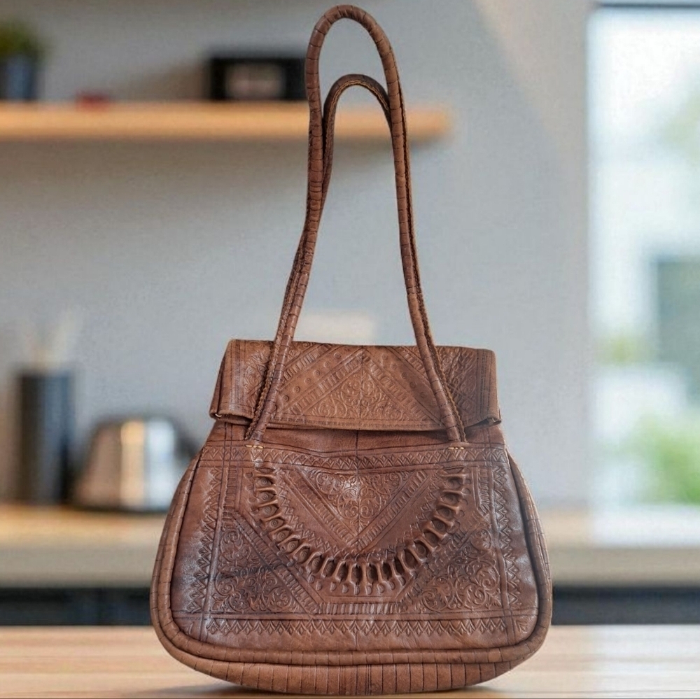 Artisan Brown Embossed Leather Shoulder Bag